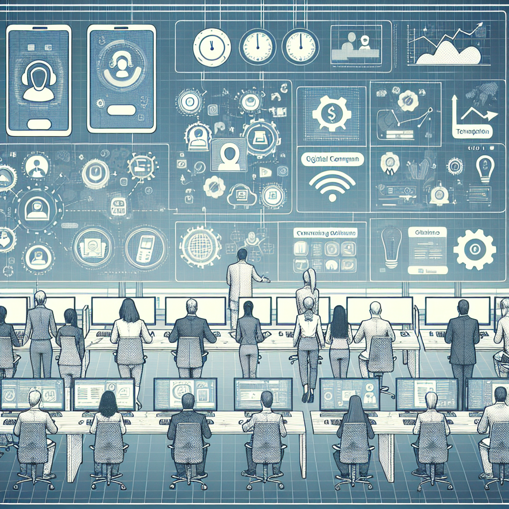 Illustration of Team using communication dashboard in a Call center with digital wallboards setting, with a innovative mood.