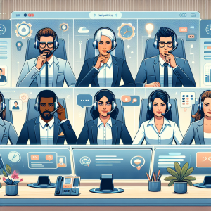 Illustration of Team using virtual PBX in a Home office setup with headset setting, with a empowered mood.