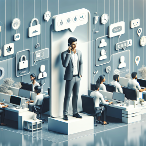 Illustration of Agent handling client calls in a Modern office with mobile tech setting, with a confident mood.