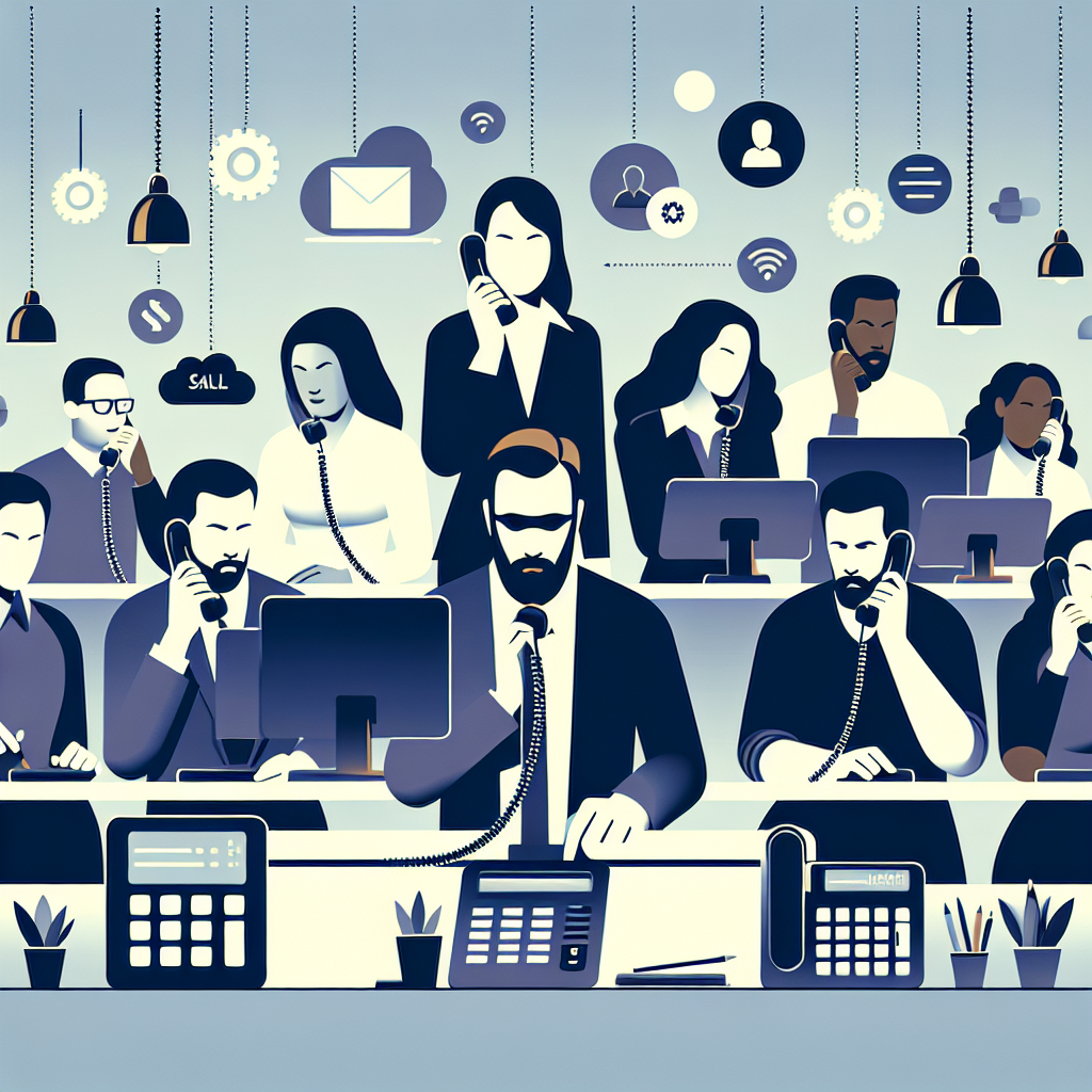 Illustration of Team using virtual PBX in a Professional desk with phones setting, with a determined mood.