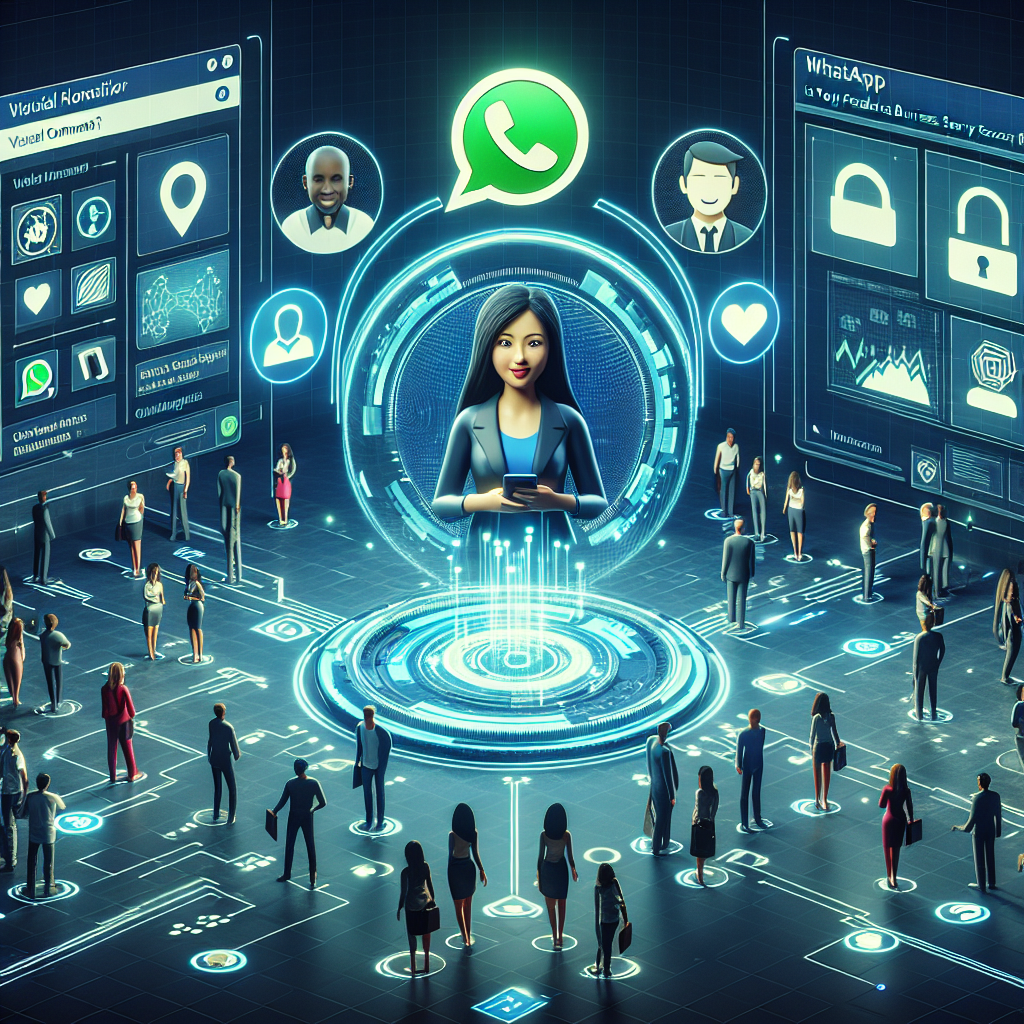 Illustration of Customer connecting via WhatsApp in a Virtual command center setting, with a innovative mood.