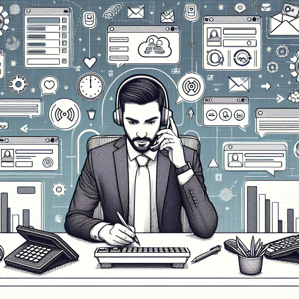 Illustration of Agent handling client calls in a Professional desk with phones setting, with a empowered mood.