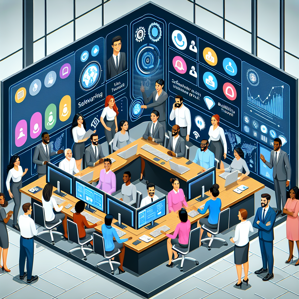 Illustration of Team using communication dashboard in a Virtual command center setting, with a inspired mood.