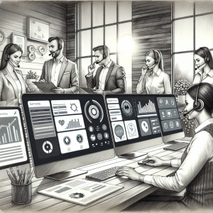 Illustration of Team using communication dashboard in a Home office setup with headset setting, with a in control mood.