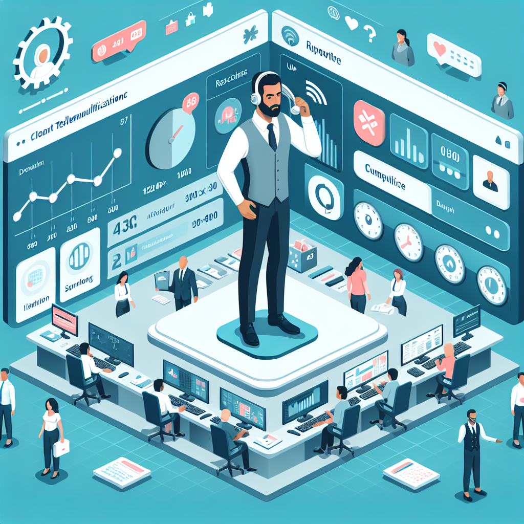 Illustration of Agent handling client calls in a Dashboard with telecom metrics setting, with a empowered mood.