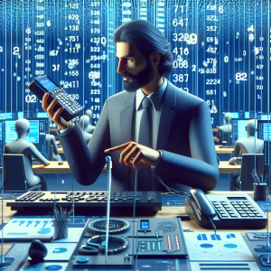 Illustration of Entrepreneur managing multiple numbers in a Tech-themed workspace setting, with a in control mood.