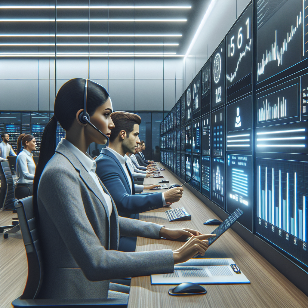 Illustration of Manager analyzing call reports in a Call center with digital wallboards setting, with a alert mood.