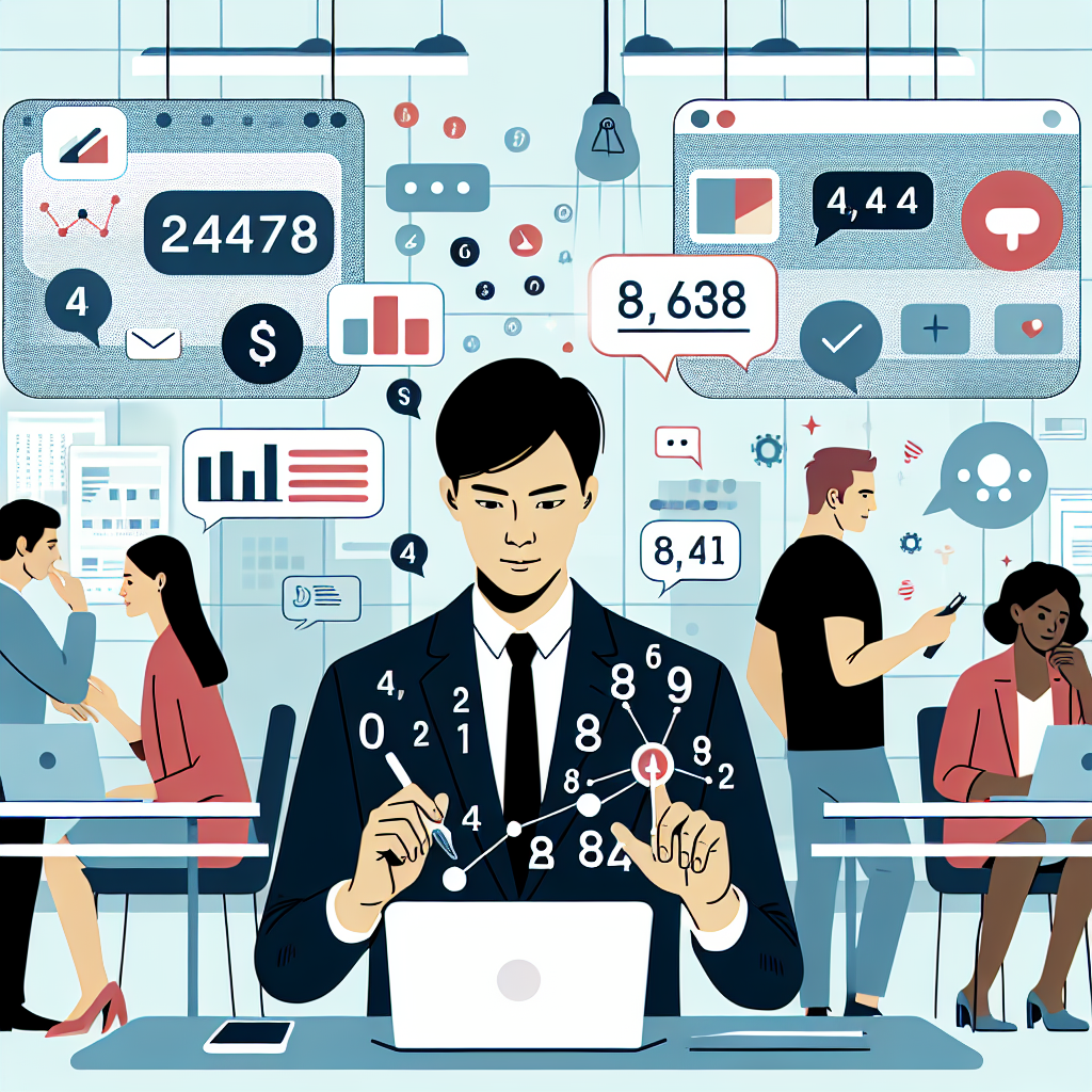 Illustration of Entrepreneur managing multiple numbers in a Tech-themed workspace setting, with a professional mood.