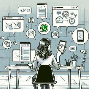 Illustration of Customer connecting via WhatsApp in a Professional desk with phones setting, with a determined mood.