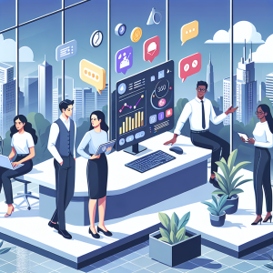 Illustration of Team using communication dashboard in a City skyline through office window setting, with a innovative mood.