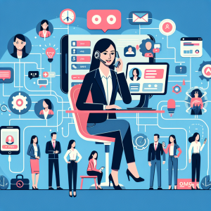Illustration of Agent handling client calls in a Modern office with mobile tech setting, with a innovative mood.