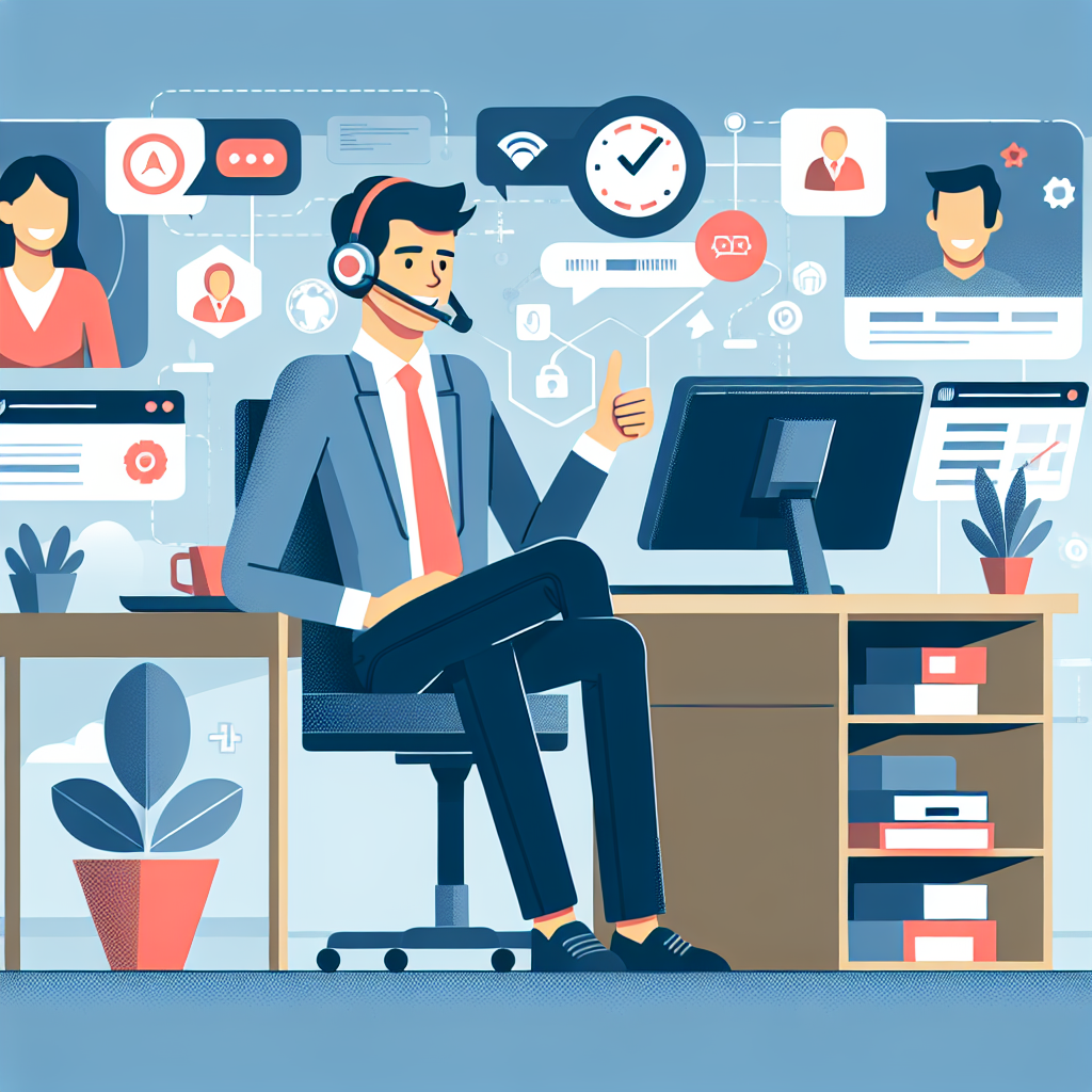 Illustration of Person making business calls on phone in a Home office setup with headset setting, with a confident mood.