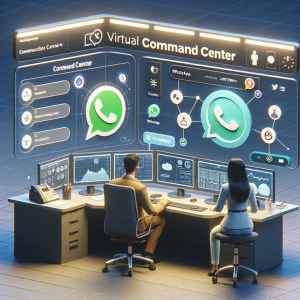 Illustration of Customer connecting via WhatsApp in a Virtual command center setting, with a in control mood.