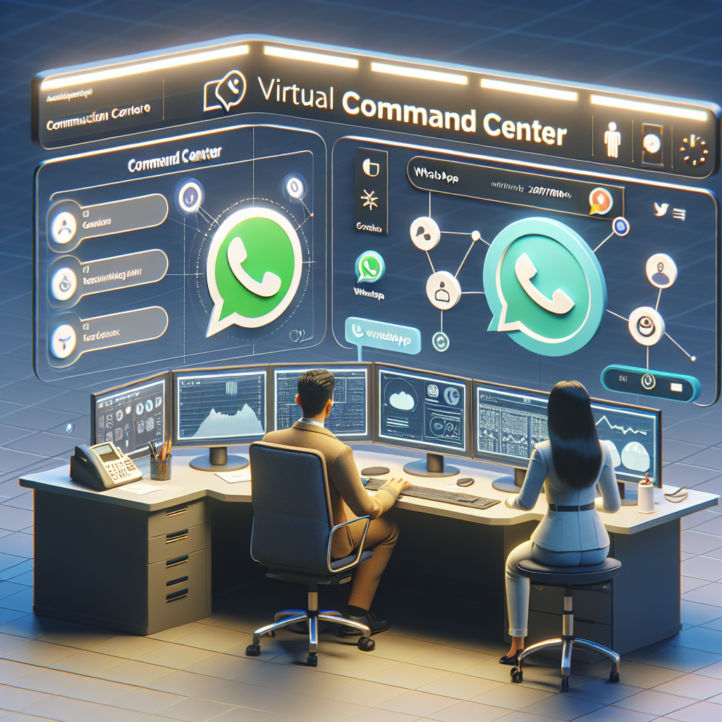 Illustration of Customer connecting via WhatsApp in a Virtual command center setting, with a in control mood.