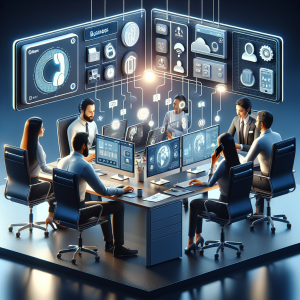 Illustration of Team using virtual PBX in a Tech-themed workspace setting, with a focused mood.