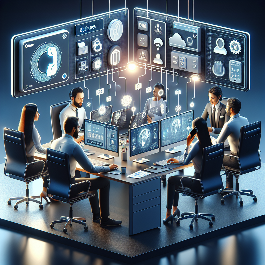 Illustration of Team using virtual PBX in a Tech-themed workspace setting, with a focused mood.