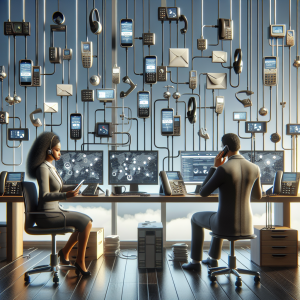 Illustration of Phone routing multiple devices in a Home office setup with headset setting, with a in control mood.