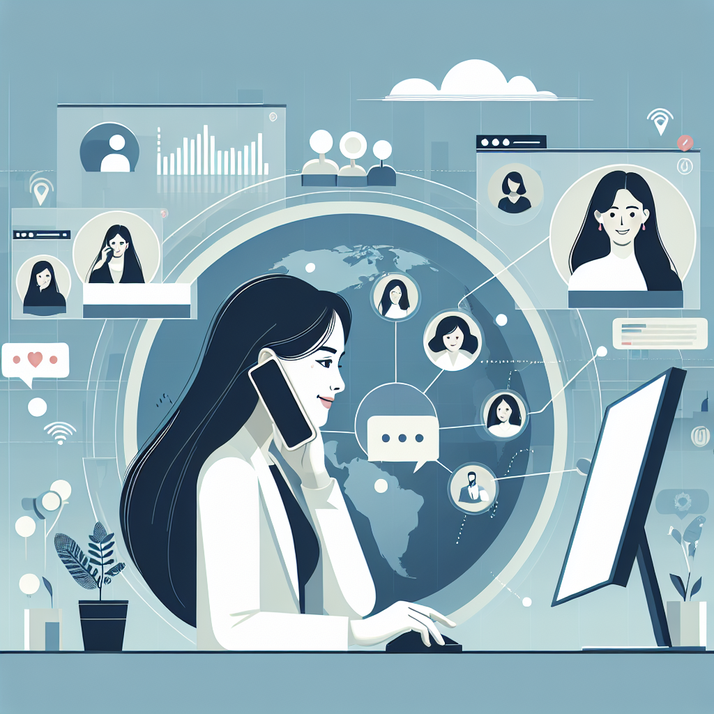 Illustration of Person making business calls on phone in a Virtual command center setting, with a inspired mood.