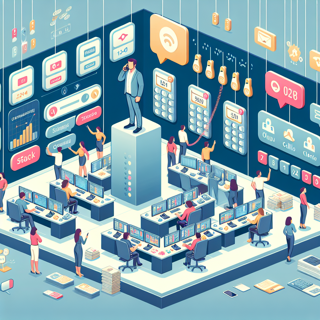Illustration of Entrepreneur managing multiple numbers in a Call center with digital wallboards setting, with a inspired mood.