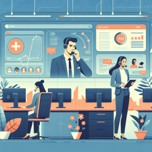 Illustration of Agent handling client calls in a Call center with digital wallboards setting, with a efficient mood.