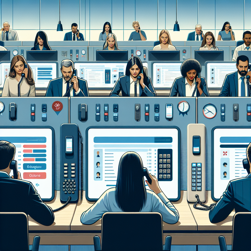 Illustration of Team using virtual PBX in a Professional desk with phones setting, with a alert mood.