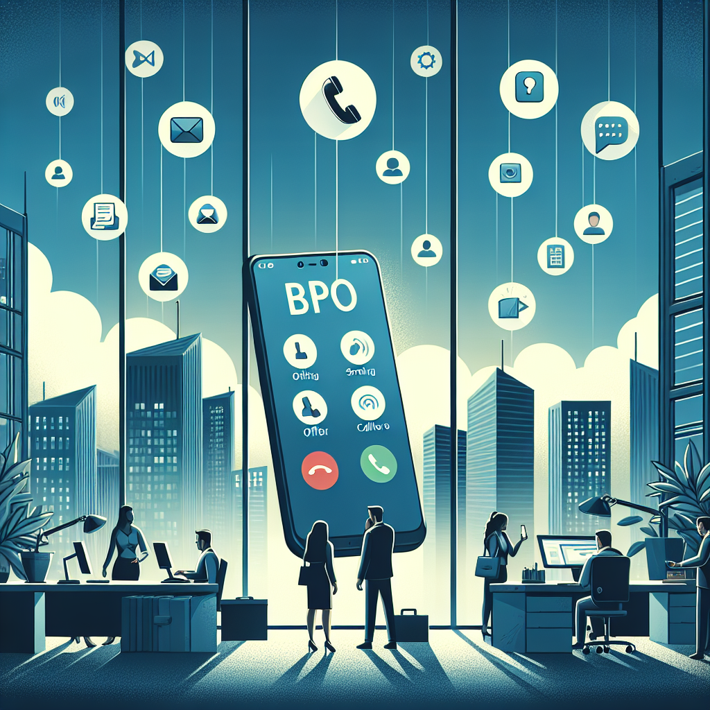 Illustration of Caller ID with mobile icons in a City skyline through office window setting, with a determined mood.