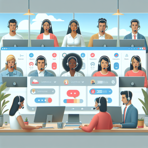 Illustration of Team using communication dashboard in a Home office setup with headset setting, with a determined mood.
