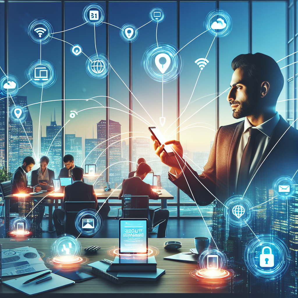 Illustration of Phone routing multiple devices in a City skyline through office window setting, with a confident mood.