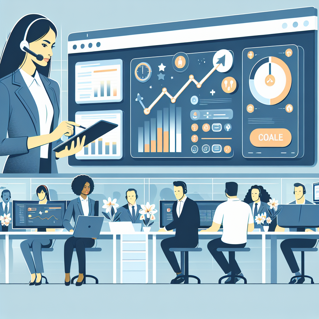 Illustration of Manager analyzing call reports in a Call center with digital wallboards setting, with a empowered mood.
