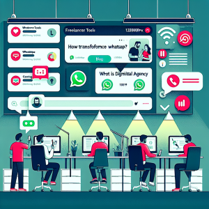 Illustration of Customer connecting via WhatsApp in a Call center with digital wallboards setting, with a alert mood.