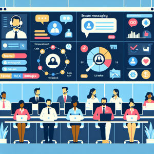 Illustration of Team using virtual PBX in a Call center with digital wallboards setting, with a empowered mood.