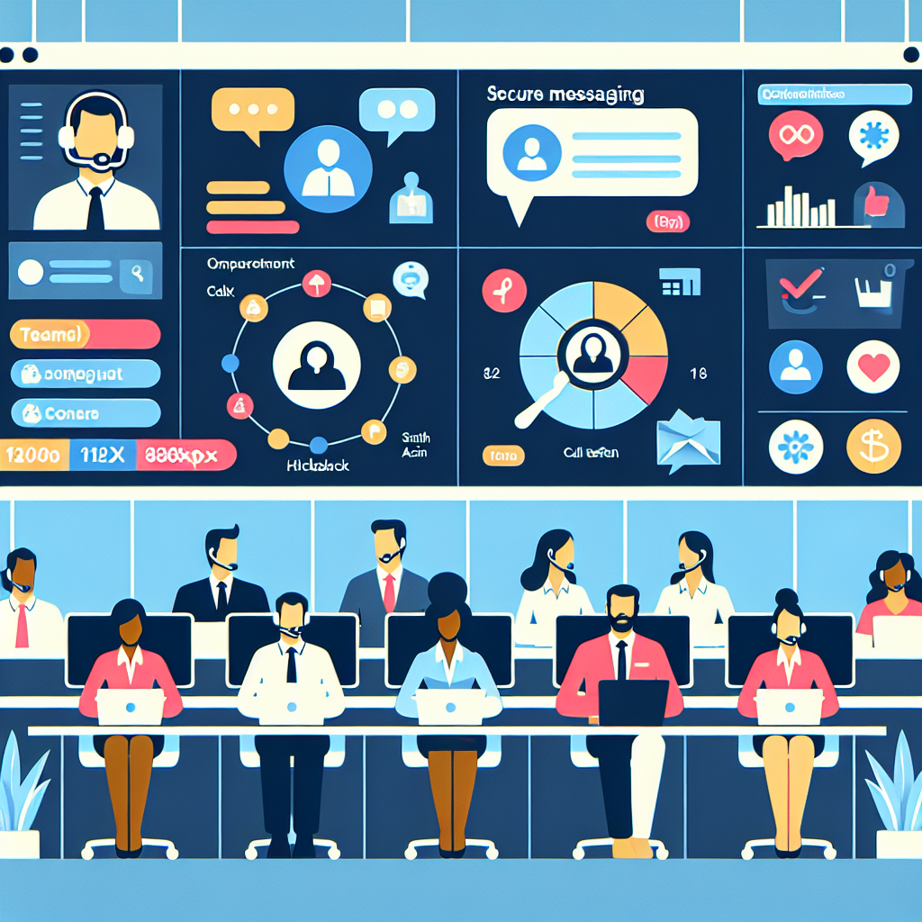 Illustration of Team using virtual PBX in a Call center with digital wallboards setting, with a empowered mood.