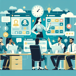 Illustration of Team using virtual PBX in a Virtual command center setting, with a inspired mood.