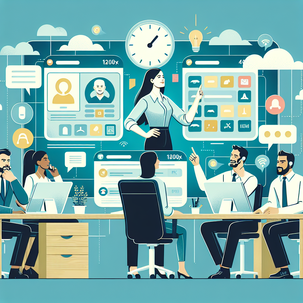 Illustration of Team using virtual PBX in a Virtual command center setting, with a inspired mood.