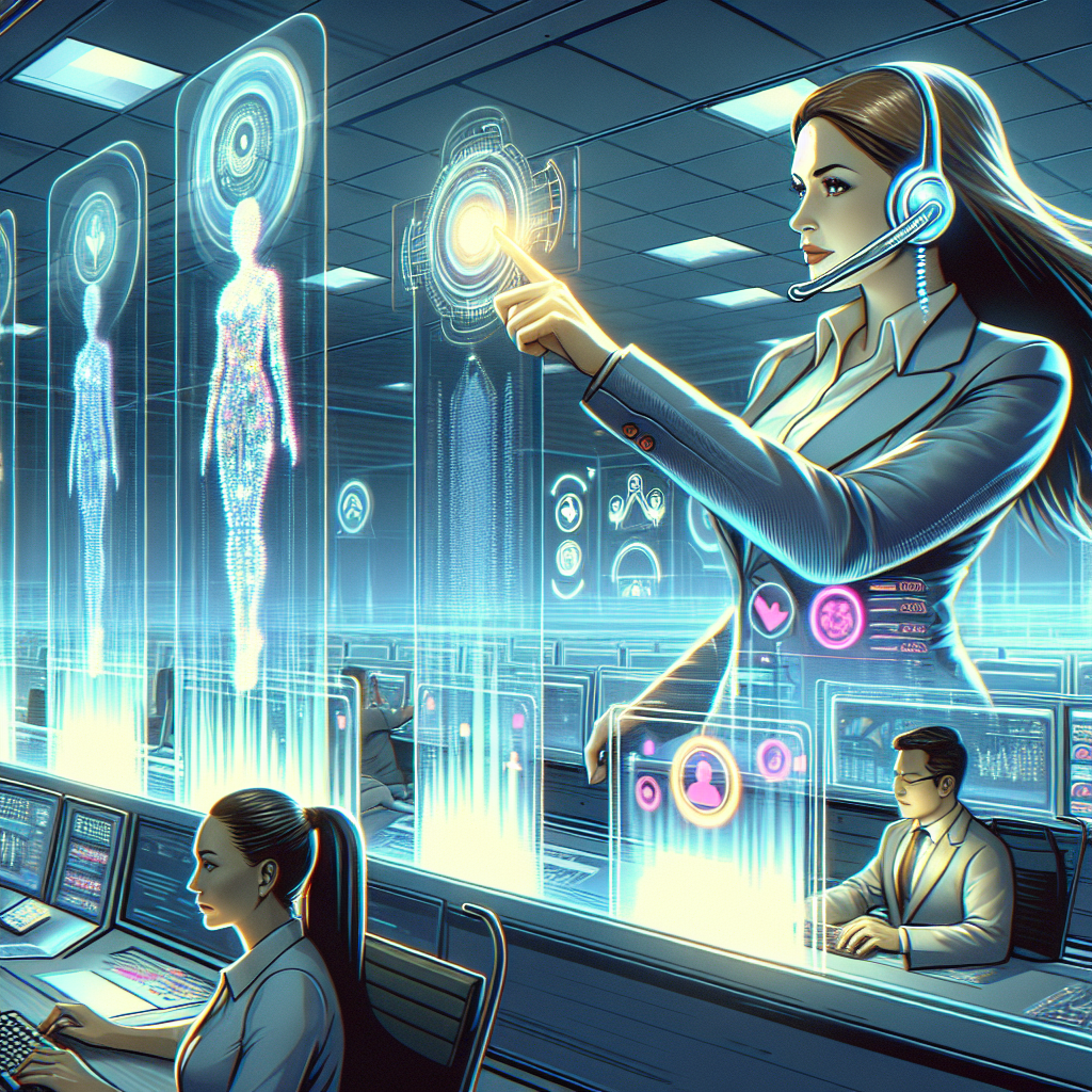 Illustration of Person making business calls on phone in a Call center with digital wallboards setting, with a empowered mood.