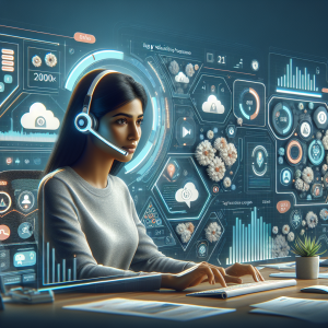 Illustration of Agent handling client calls in a Home office setup with headset setting, with a confident mood.