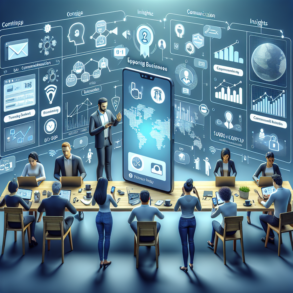 Illustration of Team using virtual PBX in a Dashboard with telecom metrics setting, with a efficient mood.