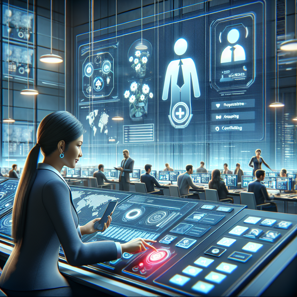 Illustration of Manager analyzing call reports in a Virtual command center setting, with a confident mood.