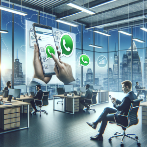 Illustration of Customer connecting via WhatsApp in a Modern office with mobile tech setting, with a confident mood.