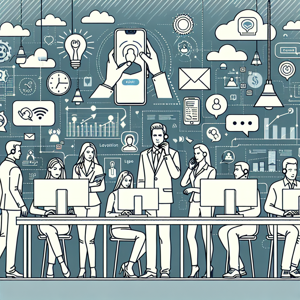 Illustration of Agent handling client calls in a Modern office with mobile tech setting, with a innovative mood.