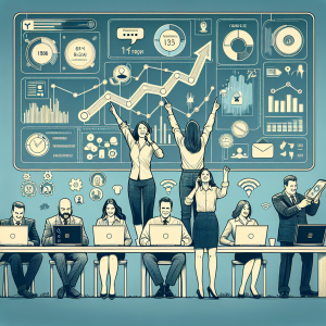 Illustration of Team using communication dashboard in a Dashboard with telecom metrics setting, with a professional mood.
