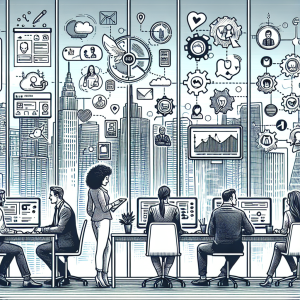 Illustration of Team using communication dashboard in a City skyline through office window setting, with a empowered mood.