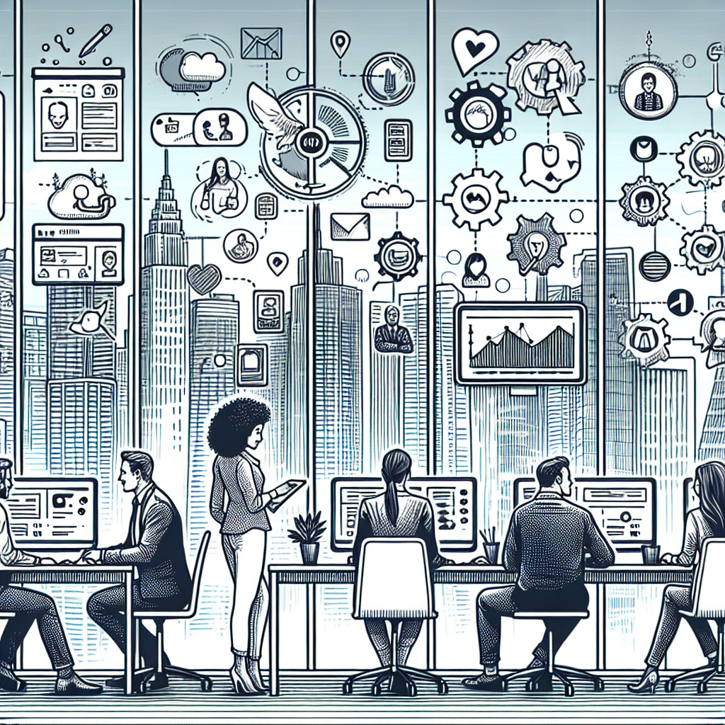 Illustration of Team using communication dashboard in a City skyline through office window setting, with a empowered mood.