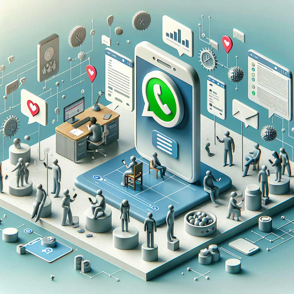 Illustration of Customer connecting via WhatsApp in a Professional desk with phones setting, with a inspired mood.