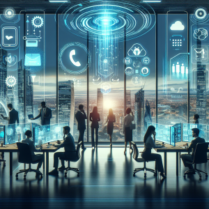 Illustration of Team using virtual PBX in a City skyline through office window setting, with a innovative mood.