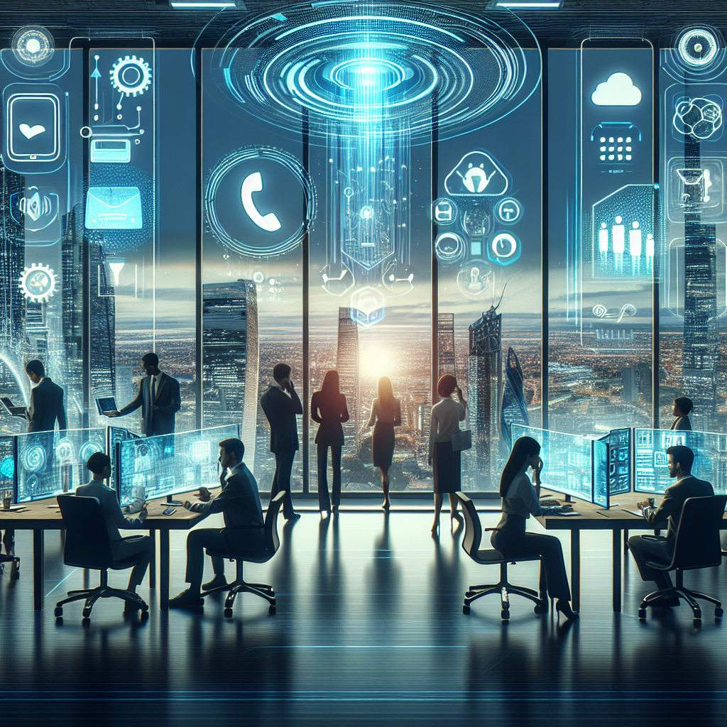 Illustration of Team using virtual PBX in a City skyline through office window setting, with a innovative mood.