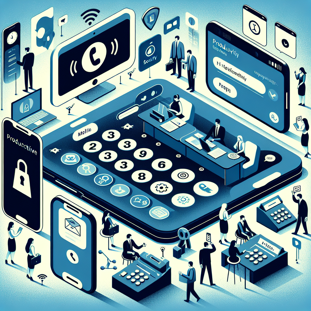 Illustration of Caller ID with mobile icons in a Professional desk with phones setting, with a in control mood.