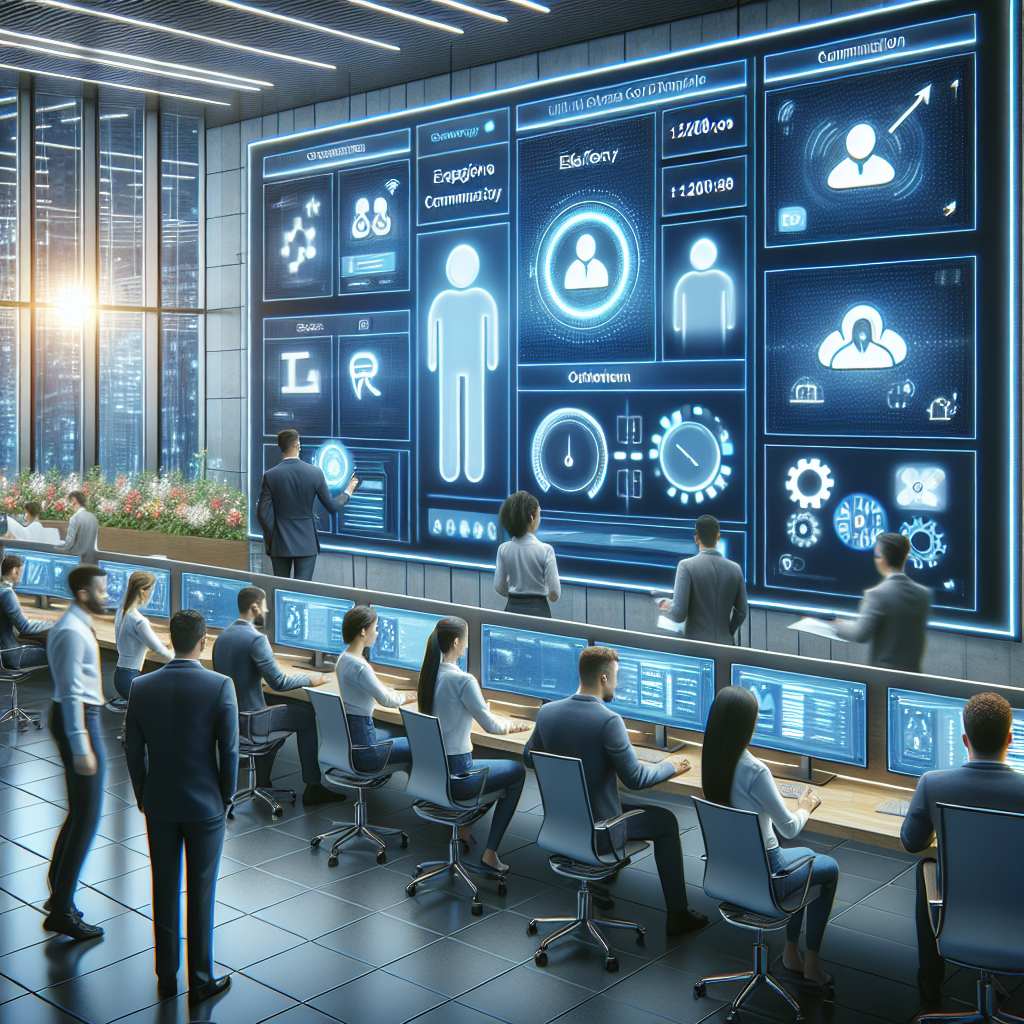 Illustration of Team using communication dashboard in a Call center with digital wallboards setting, with a efficient mood.