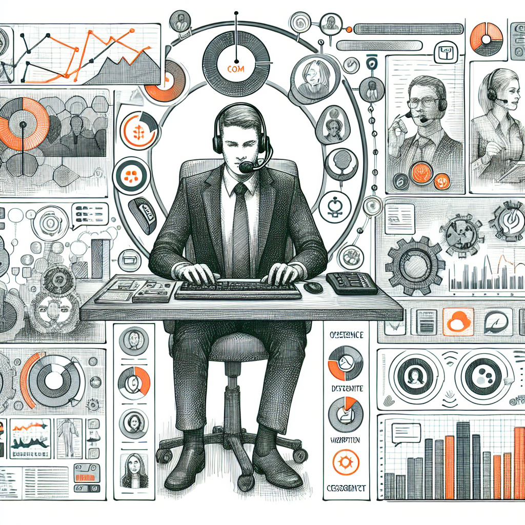 Illustration of Agent handling client calls in a Dashboard with telecom metrics setting, with a confident mood.
