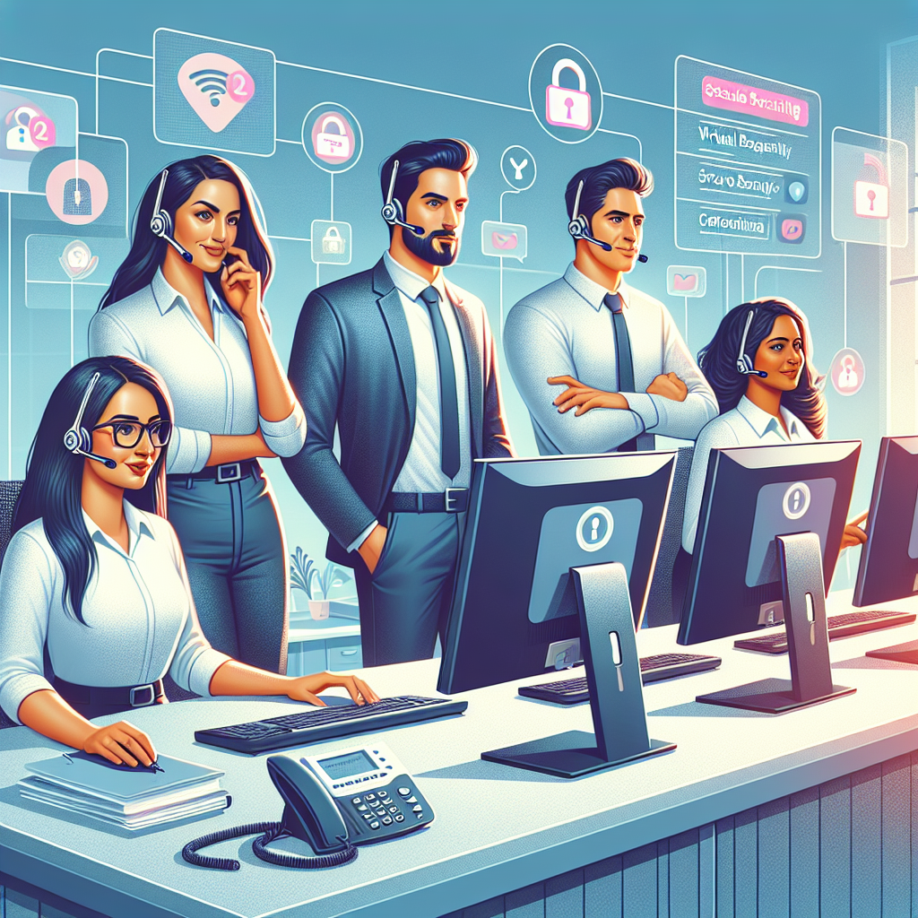 Illustration of Team using virtual PBX in a Professional desk with phones setting, with a confident mood.